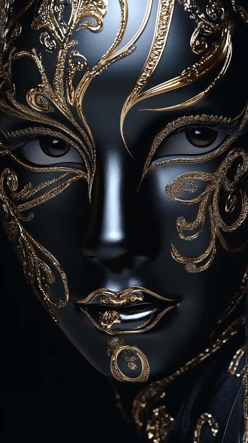 Ritratto ravvicinato di lussuosa maschera veneziana nera e oro