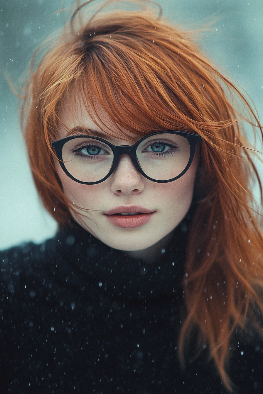 Red haired woman in rain with round glasses portrait