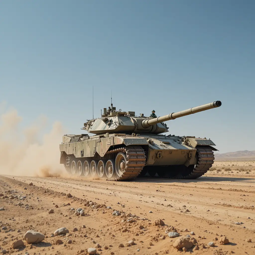 Military tank charging across open desert while firing