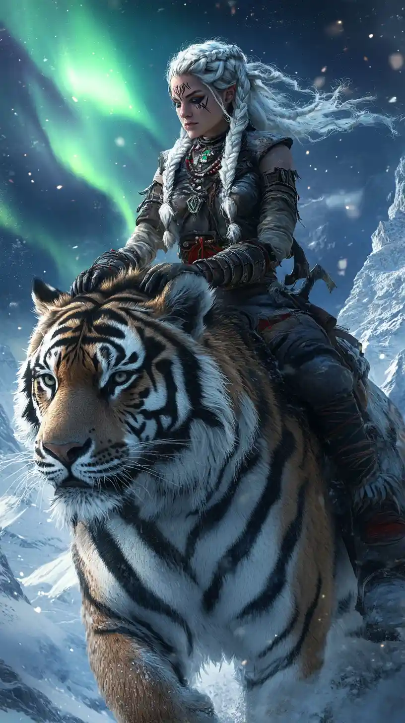 Guerrière chevauchant un tigre sous une aurore arctique lumineuse