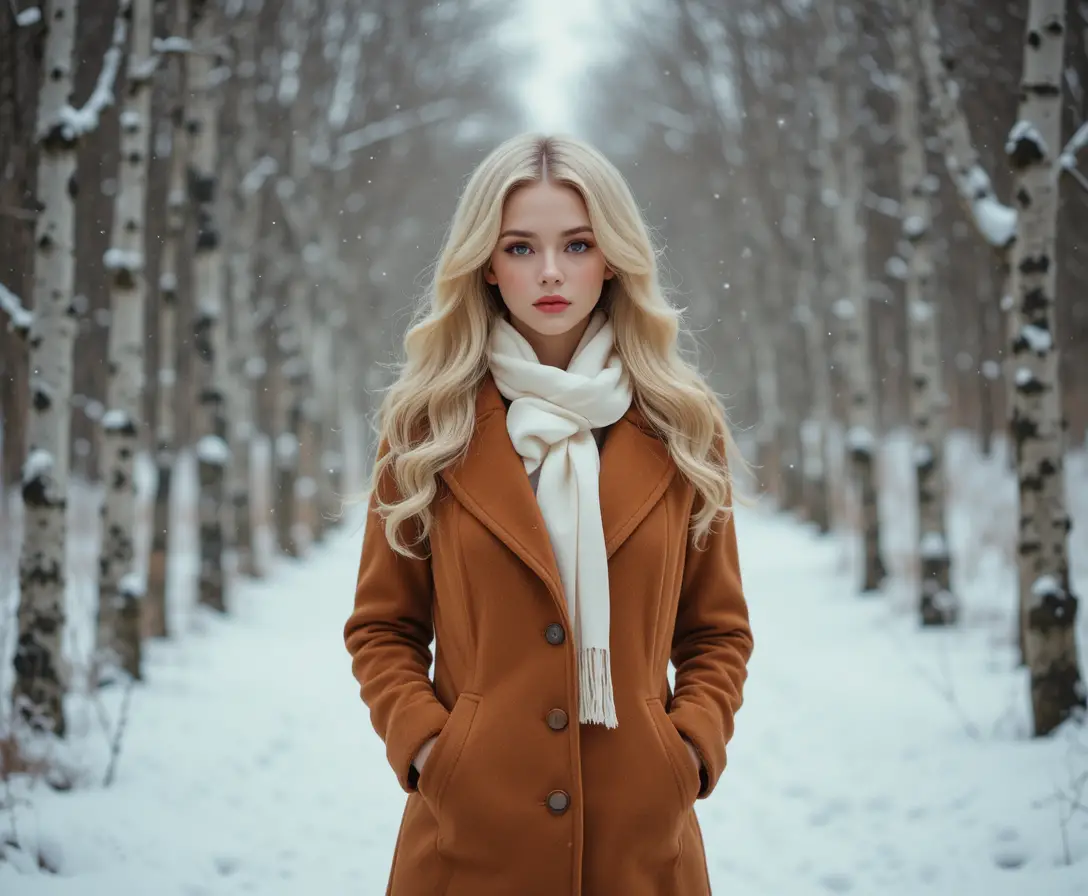 雪中樺樹林裡身穿陶土色大衣的金髮女子