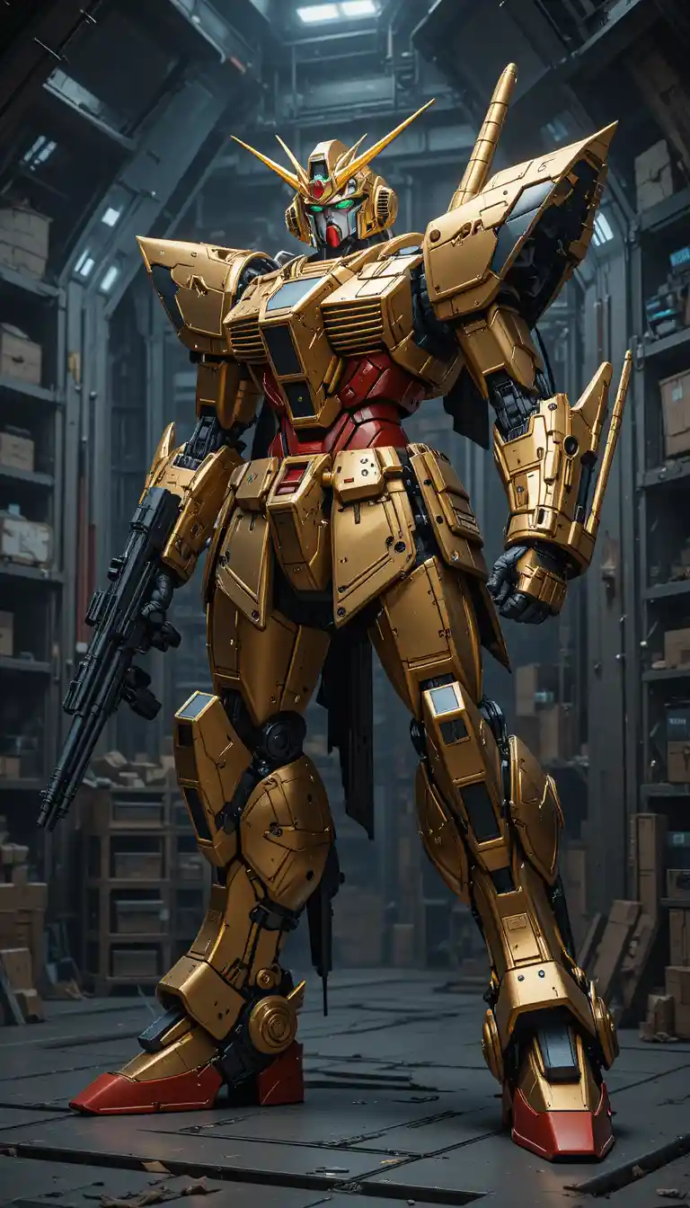 Gold armored mecha with gun in dark sci fi hangar