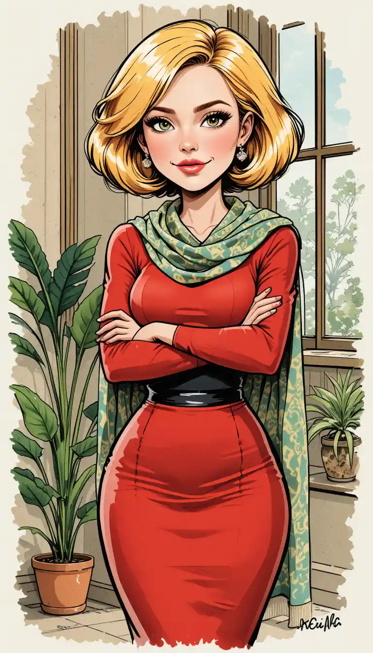 Confident blonde woman in red dress caricature illustration