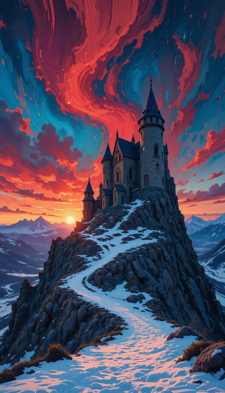 Antiguo castillo de montaña bajo auroras boreales rojas al atardecer