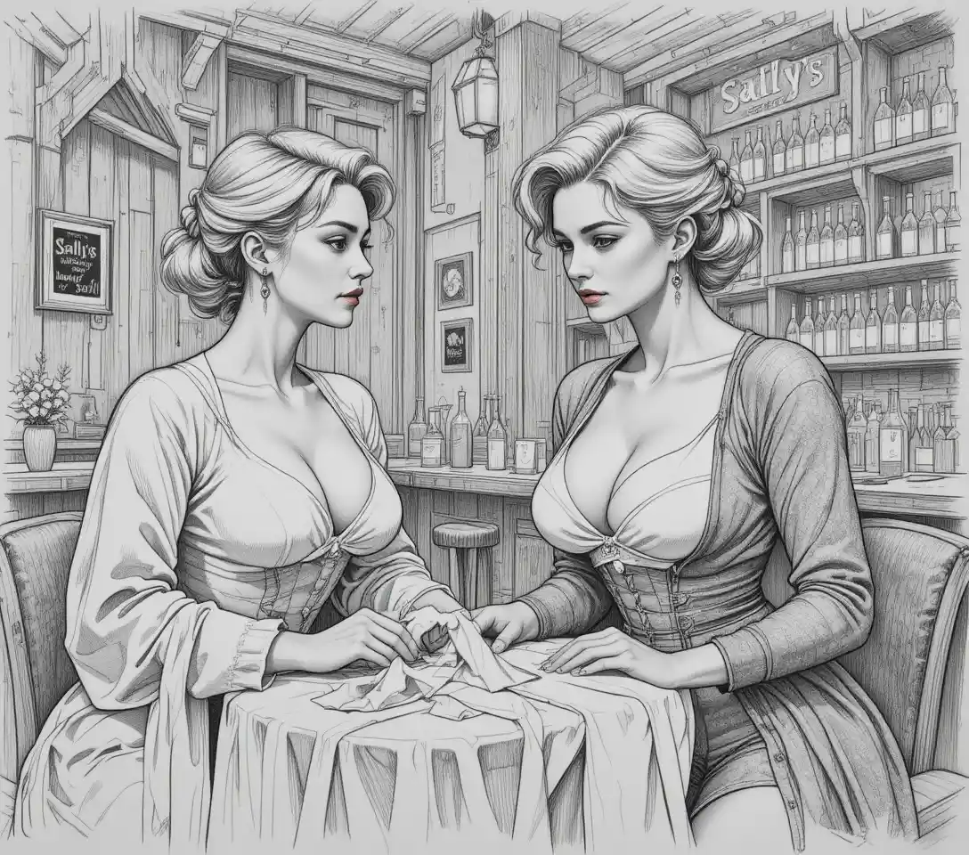 Two middle aged women in a rustic stone farmhouse interior