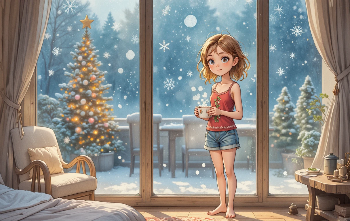 Young girl by frosted window with Christmas hot chocolate