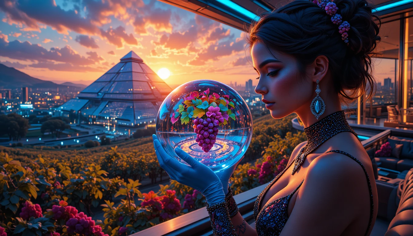 Futuristic apartment with neon lit cosmic city view