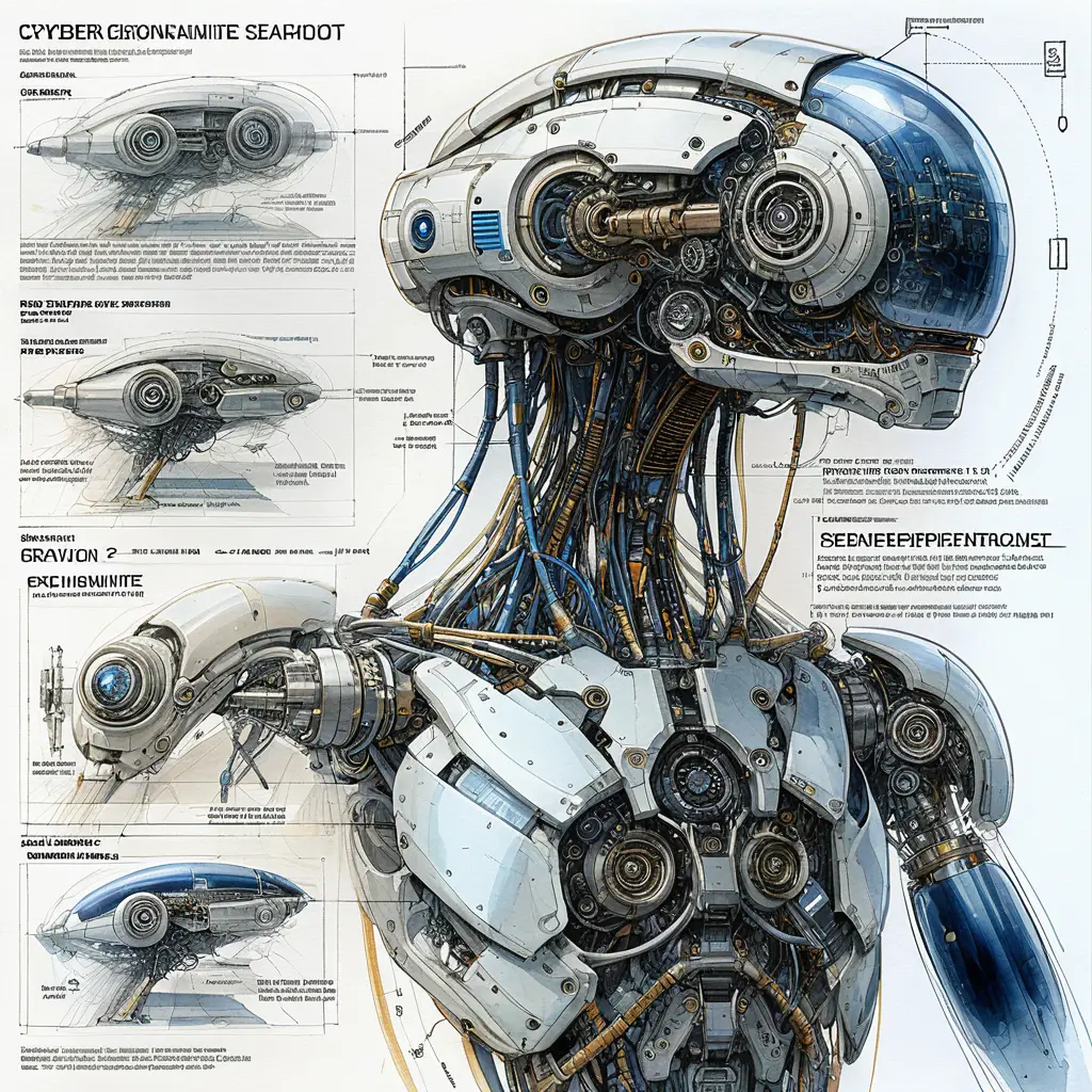Cybernetic implant diagrams with futuristic technical watercolor style