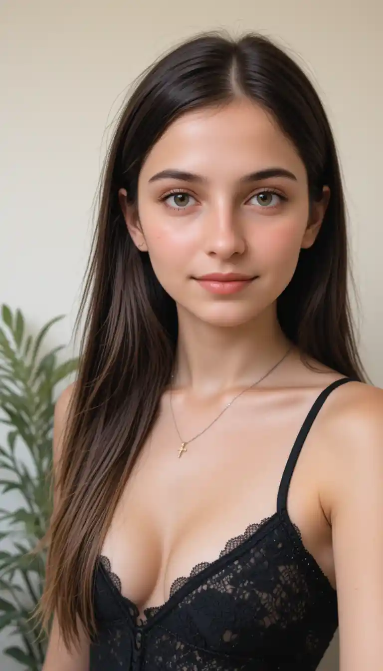 黒いレースのトップスで観葉植物と自撮りする若い女性