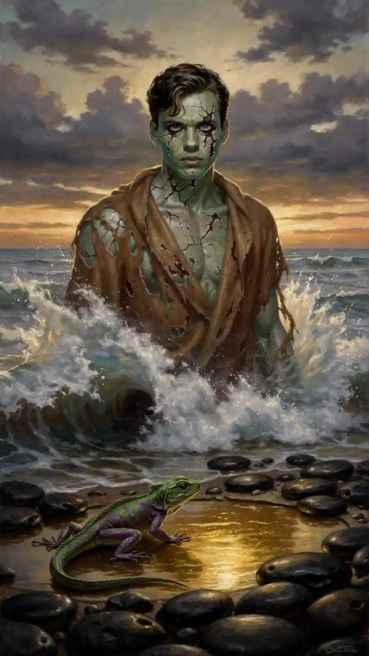 Spectral figure rising from waves at a dramatic sunset beach