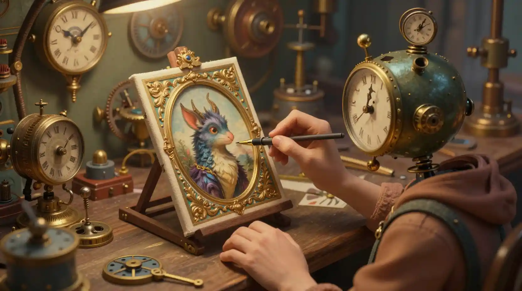 Clockwork robot painting in a whimsical storybook workshop
