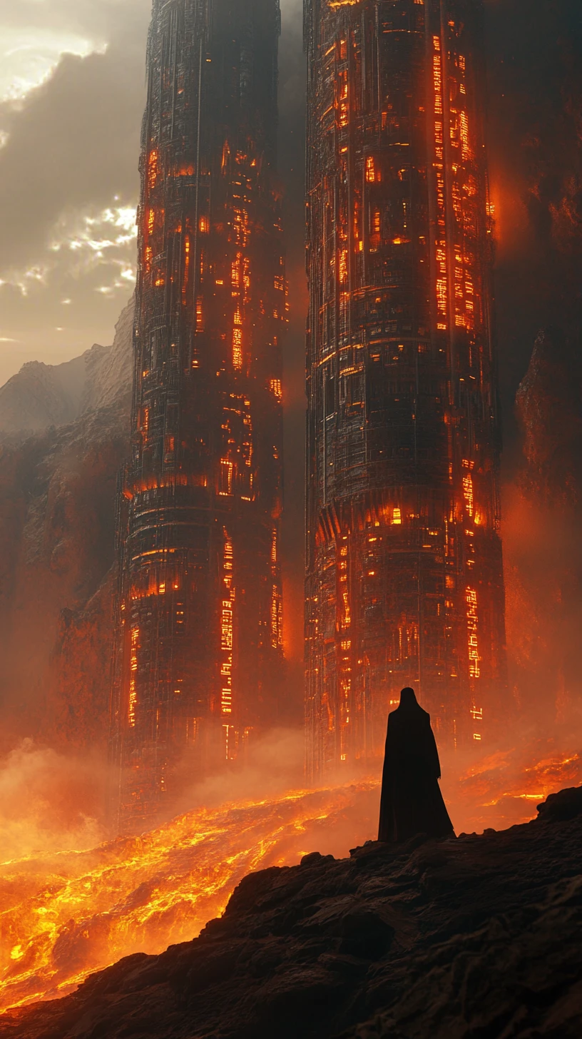 Figura solitaria che osserva una colossale città aliena di lava
