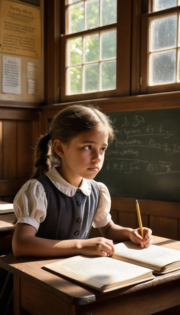 Young schoolgirl listening quietly in a sunlit classroom