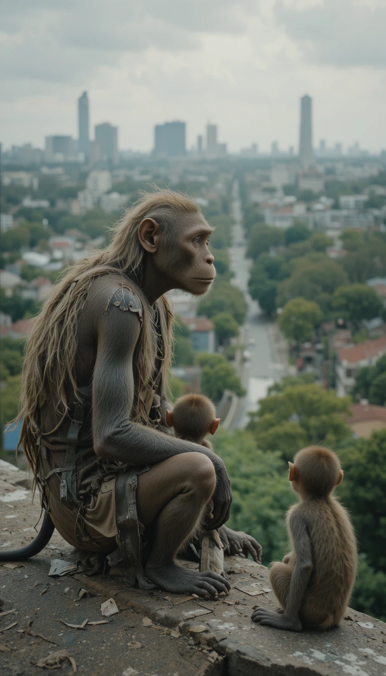 Singe solitaire avec ses bébés aux abords de la ville