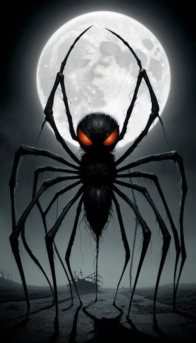 Grotesque spider creature stalking under an eerie full moon