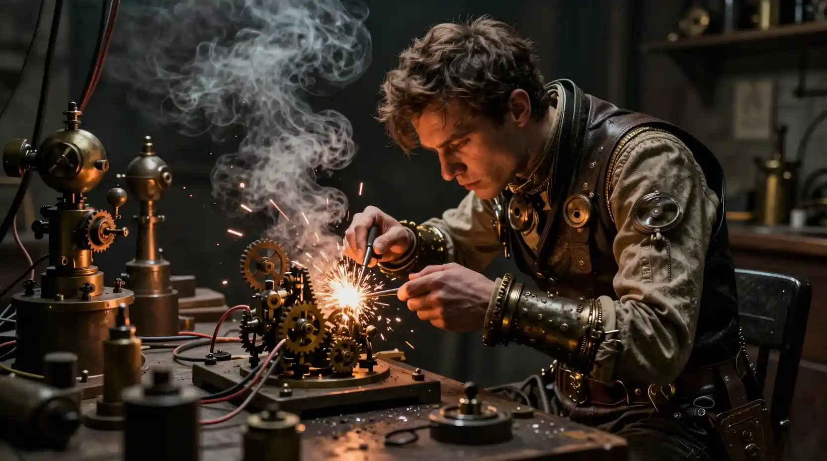 Steampunk Inventor Working At A Dim Workshop Bench
