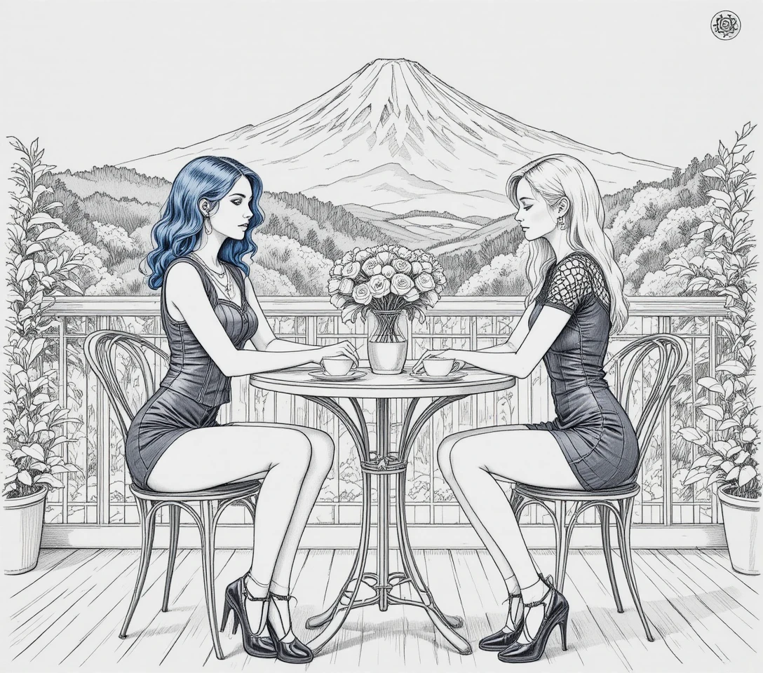 Two stylish women relaxing at a terrace table