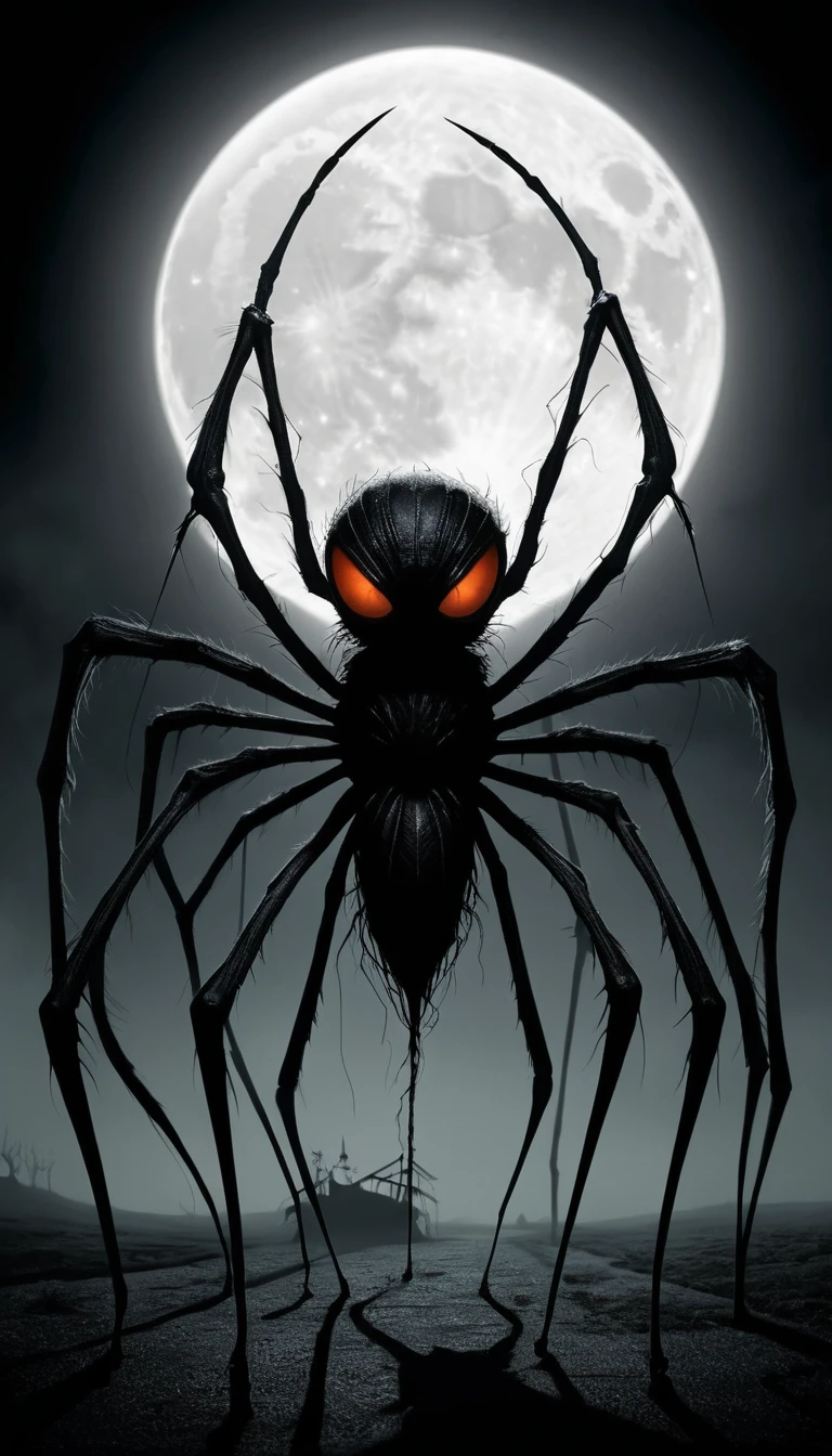 Grotesque spider creature stalking under an eerie full moon