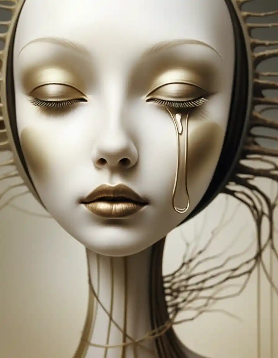 Surreal digital portrait of a stylized golden masked woman