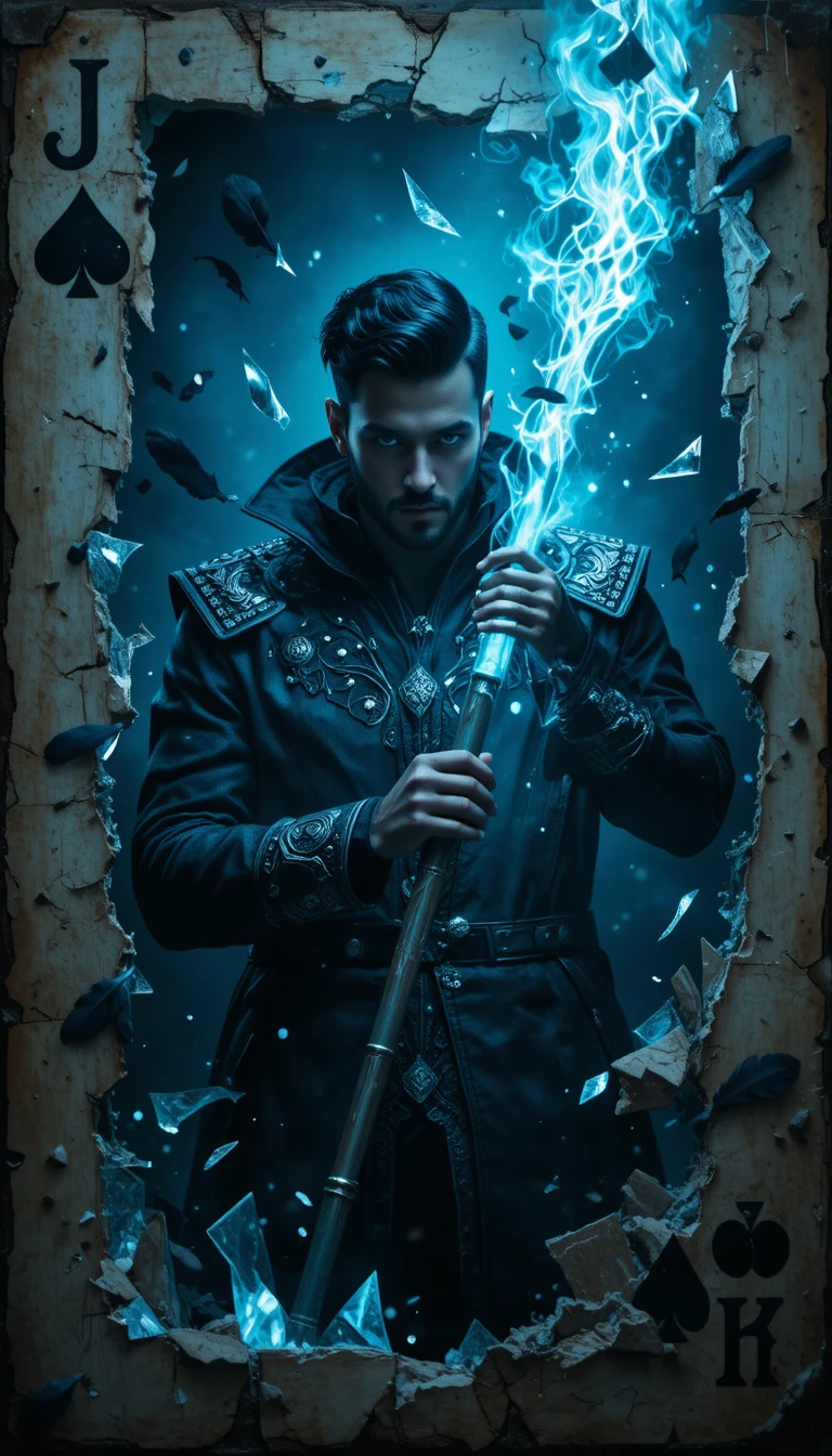 Mystical sorcerer warrior emerging from shattered playing card