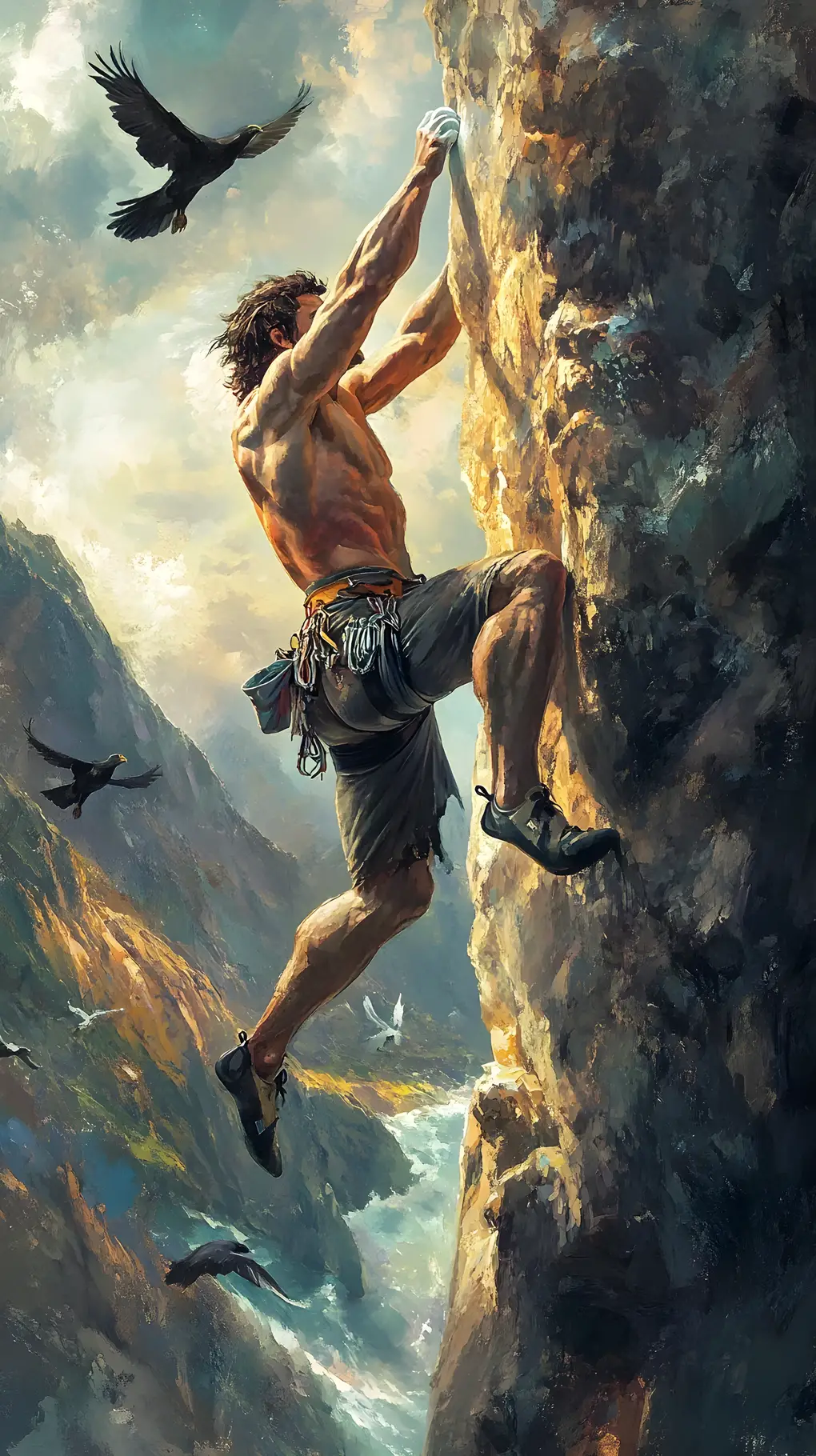 Athletic Man Rock Climbing A Sheer Valley Cliff