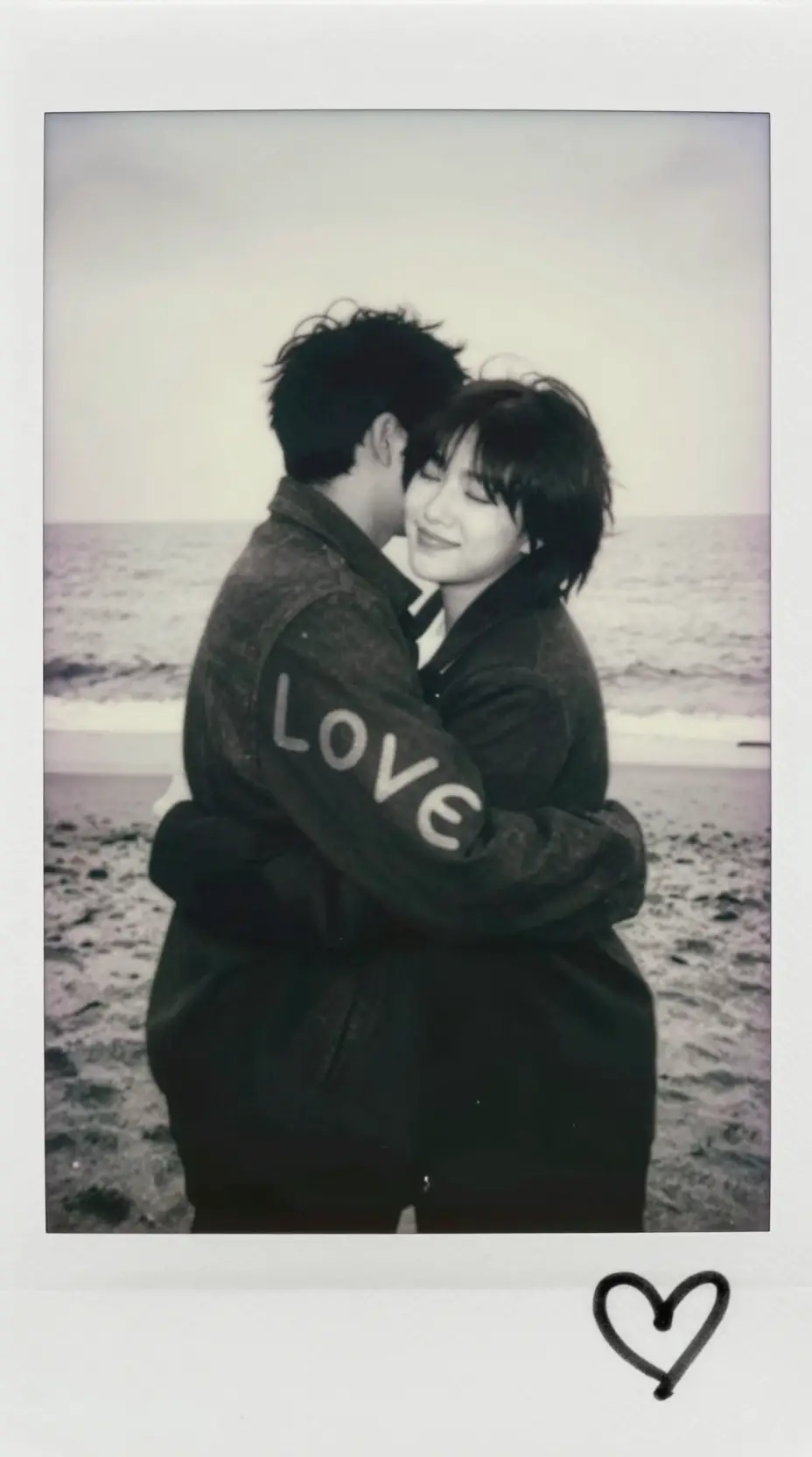 Black and white polaroid of a couple embracing on beach