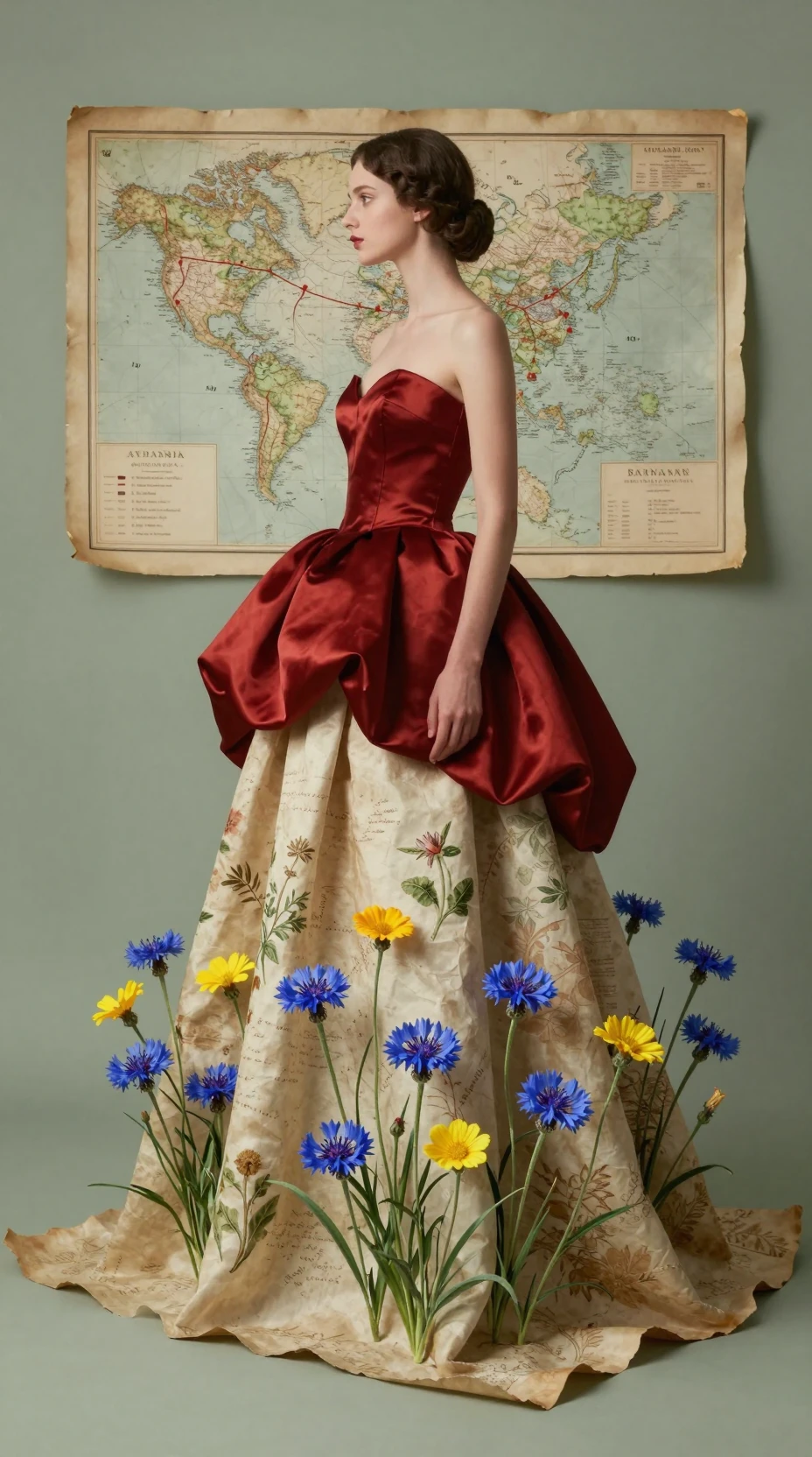 Mulher fashion surreal com vestido floral e fundo de mapa