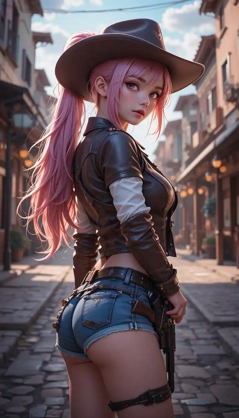 Cowgirl de cabelo rosa em estilo anime em rua empoeirada do velho oeste