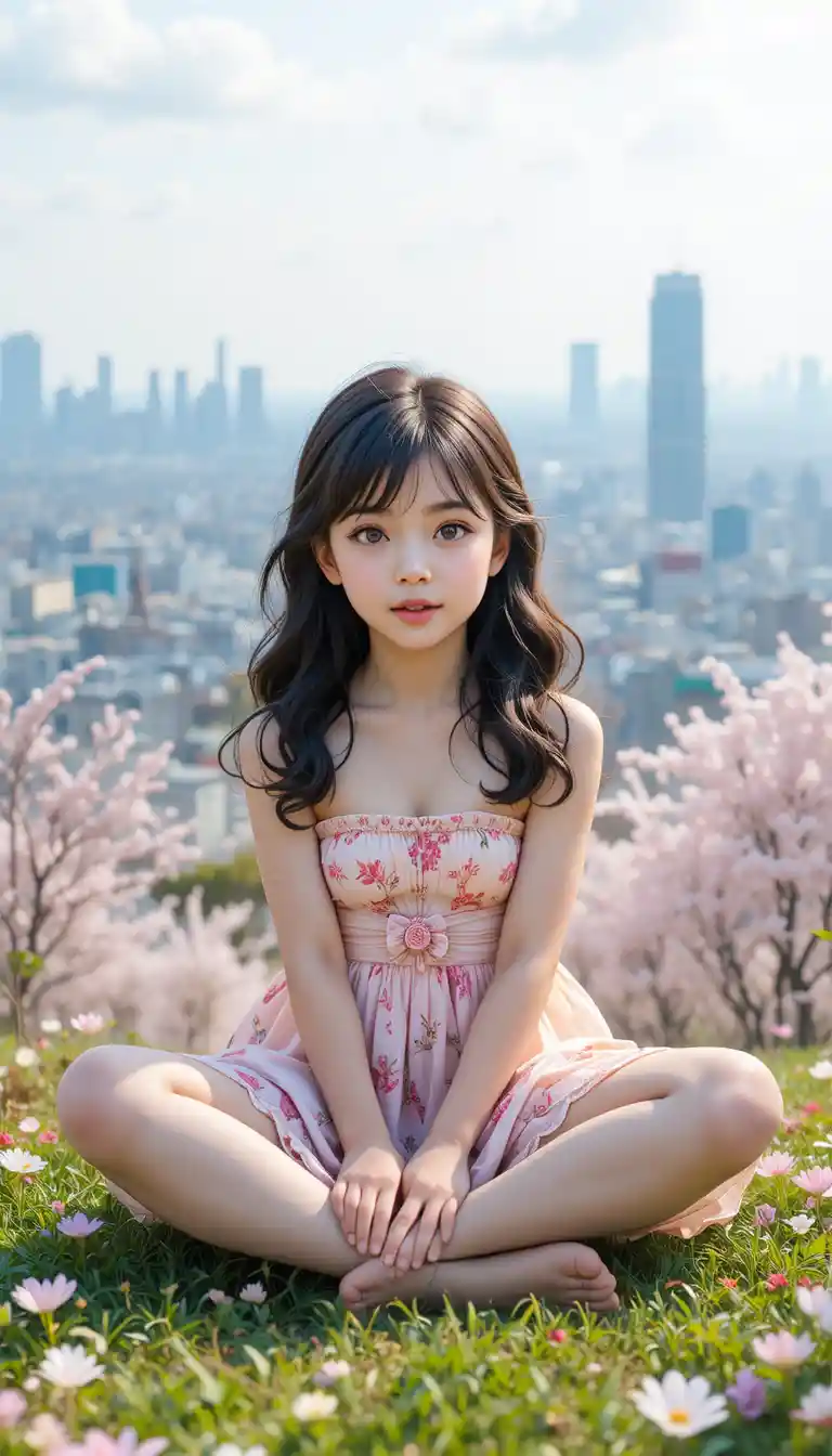 Young girl sitting in a city park on green grass