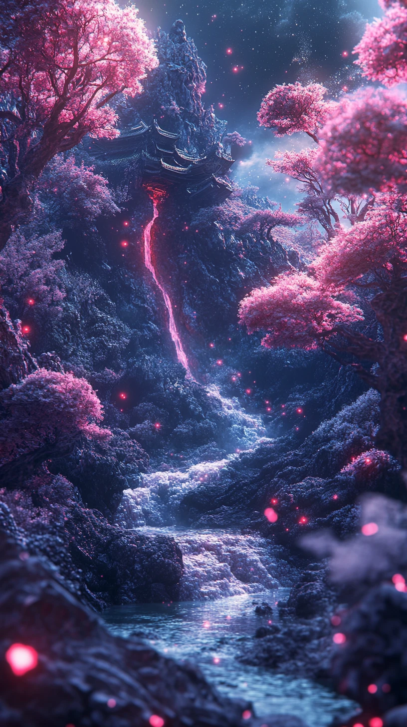 Verschneiter japanischer Palast mit Wasserfällen in Fantasy-Landschaft