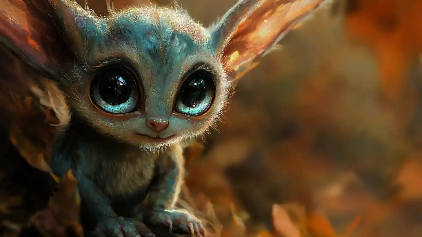 Baby elf creature with shimmering gradient eyes in fantasy art