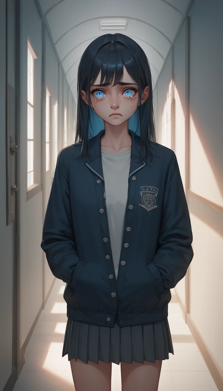 Sad Japanese schoolgirl in a dim hallway scene