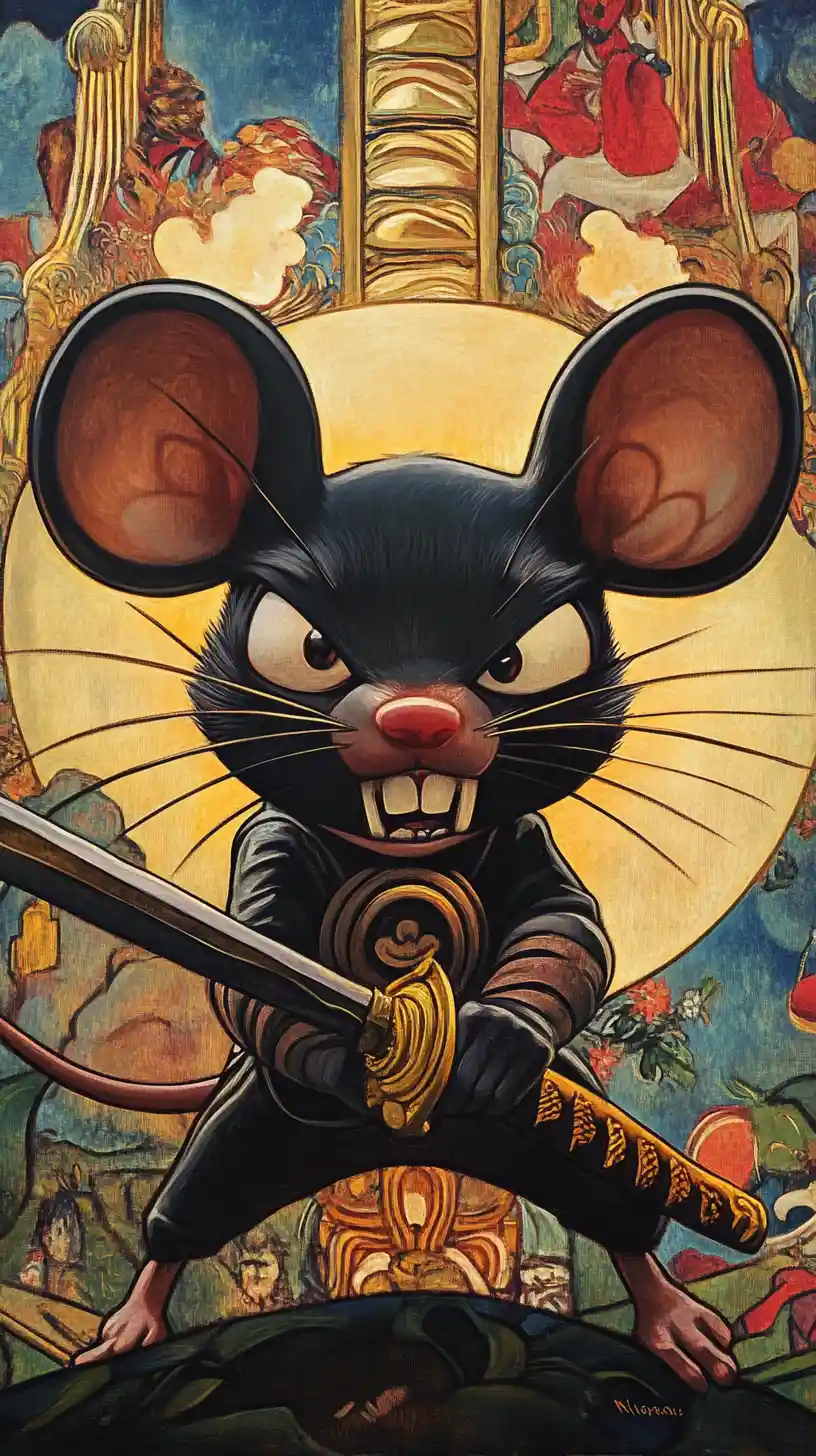 Angry ninja mouse illustration with abstract matching background