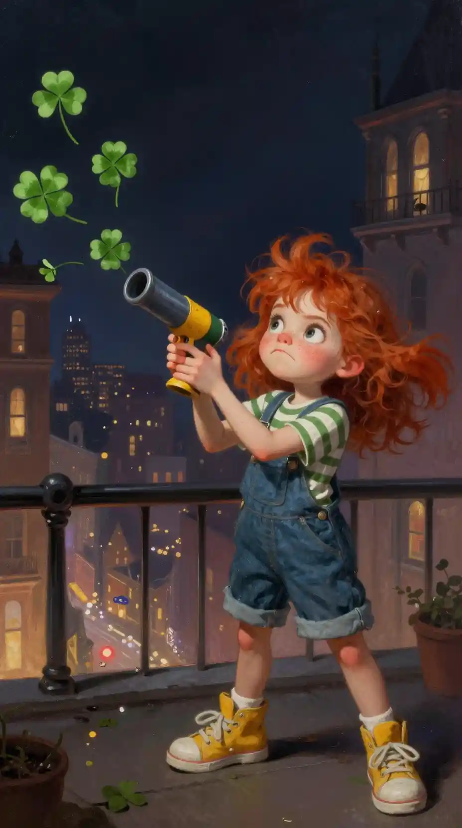 Cheeky freckled girl firing clovers from toy cannon