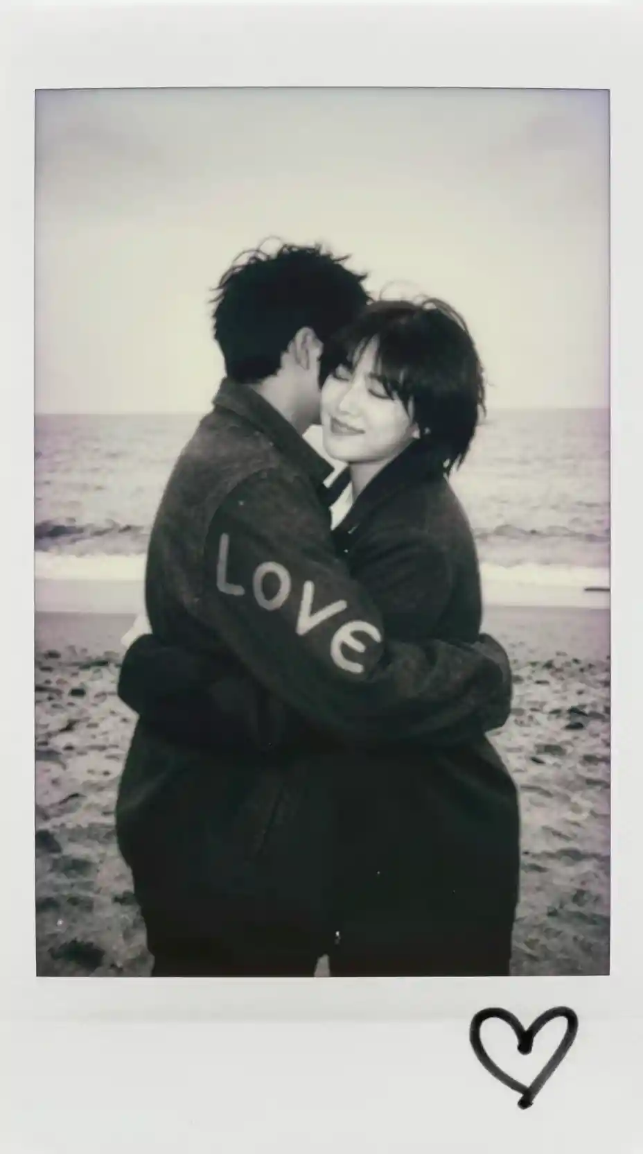 Schwarz-weiße Polaroidaufnahme eines sich umarmenden Paares am Strand