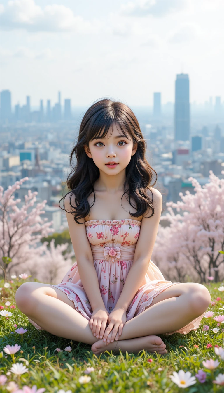 Jeune fille assise sur l’herbe verte dans un parc urbain