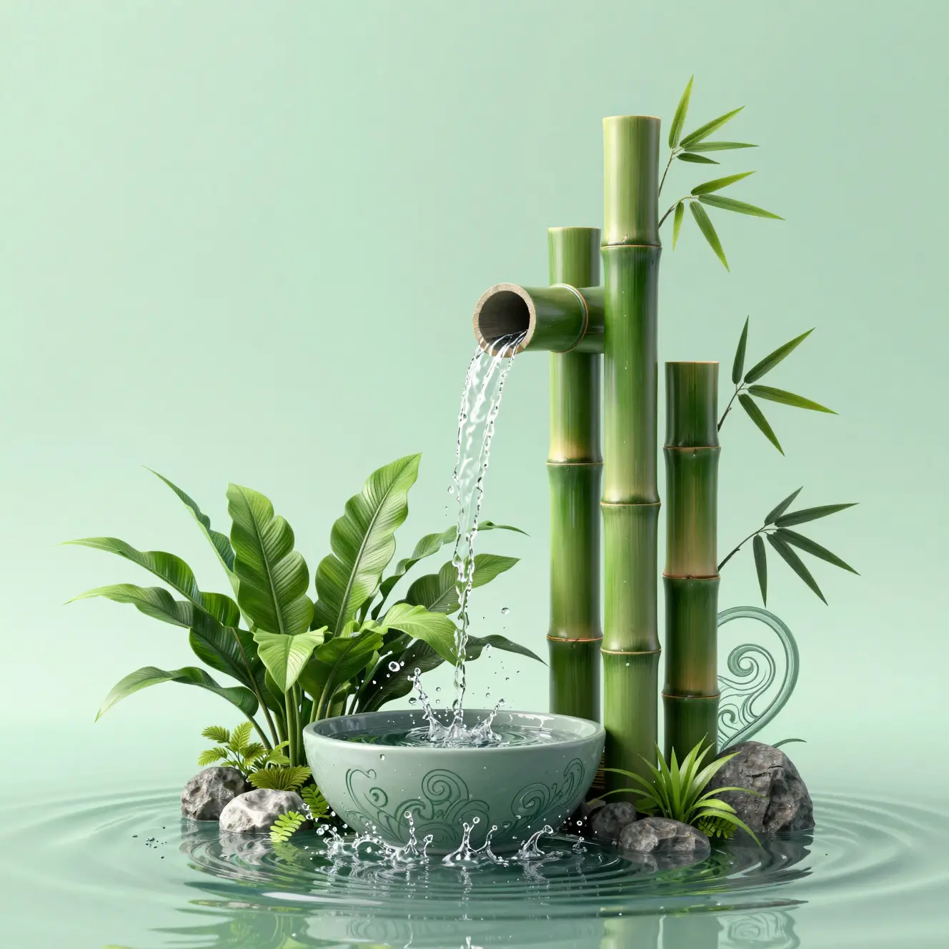 Tranquil bamboo water feature with lush green aquatic plants