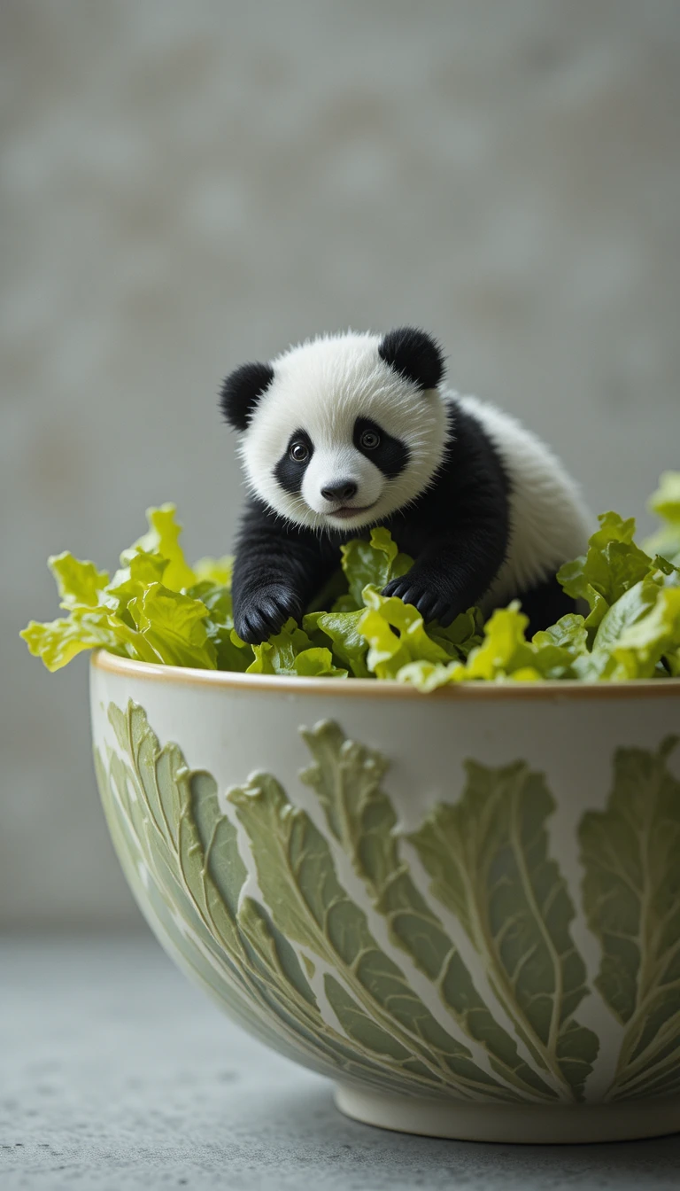 Piccolo panda che scala il bordo di una gigantesca insalatiera