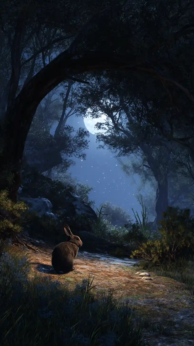 Girl And Rabbit Resting Under Gentle Moonlit Forest Skies