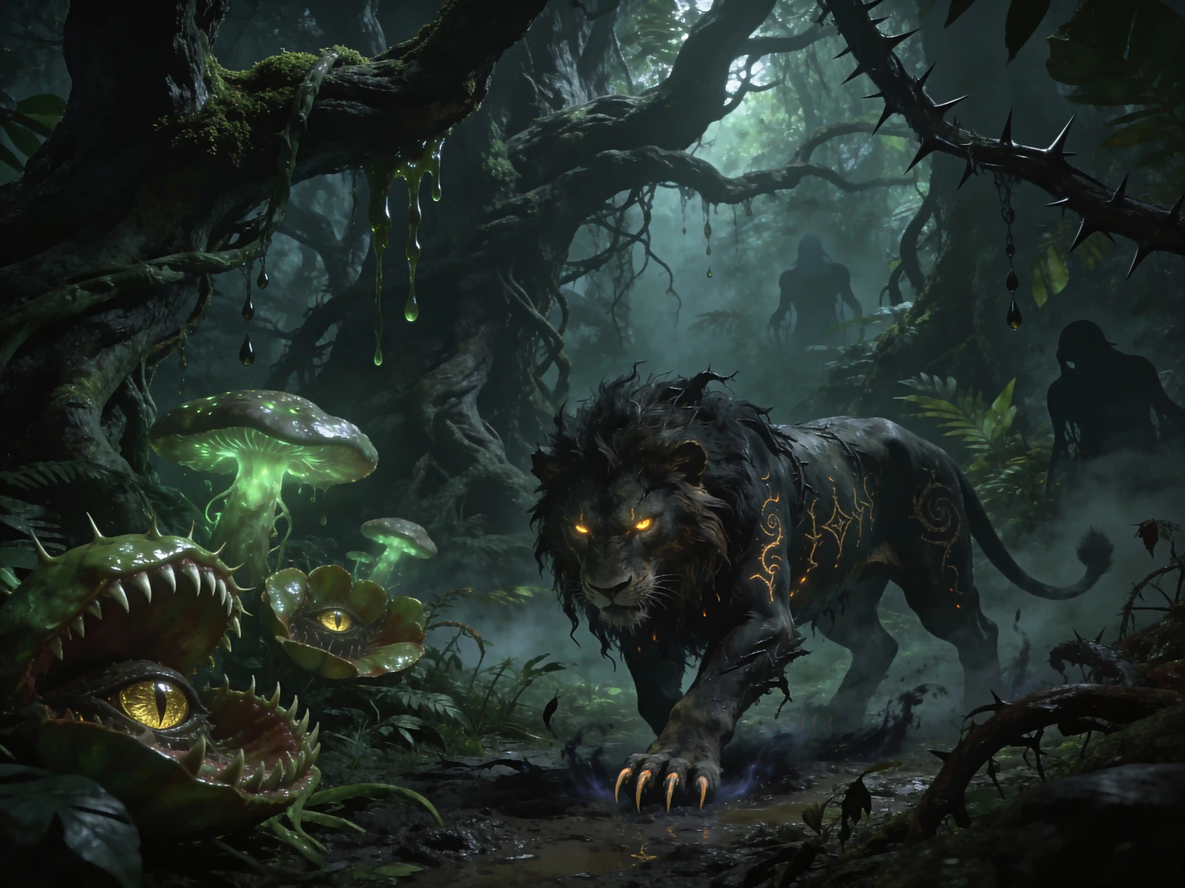 Leone posseduto in agguato in una sinistra giungla fantasy