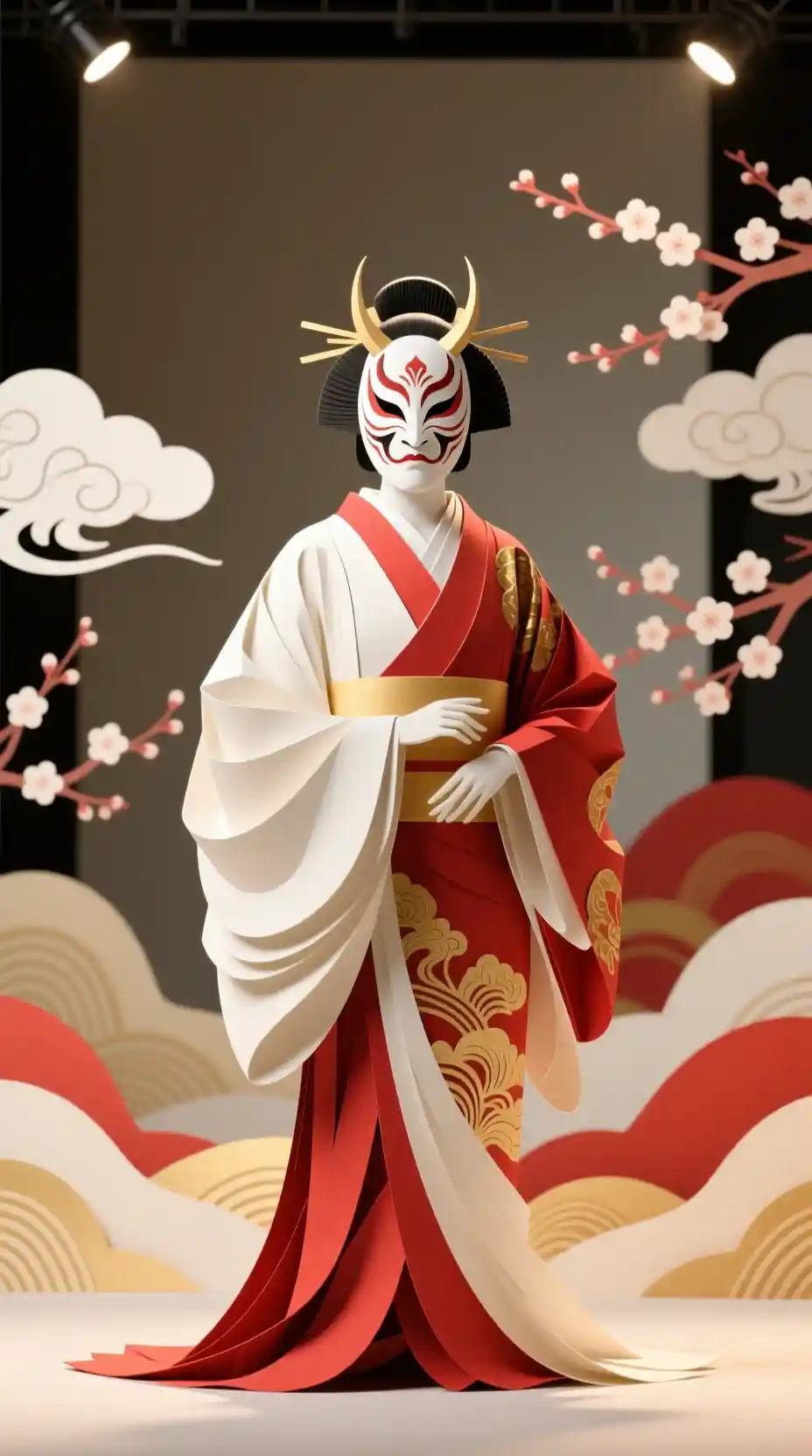 Kabuki performer in poetic layered paper cut illustration