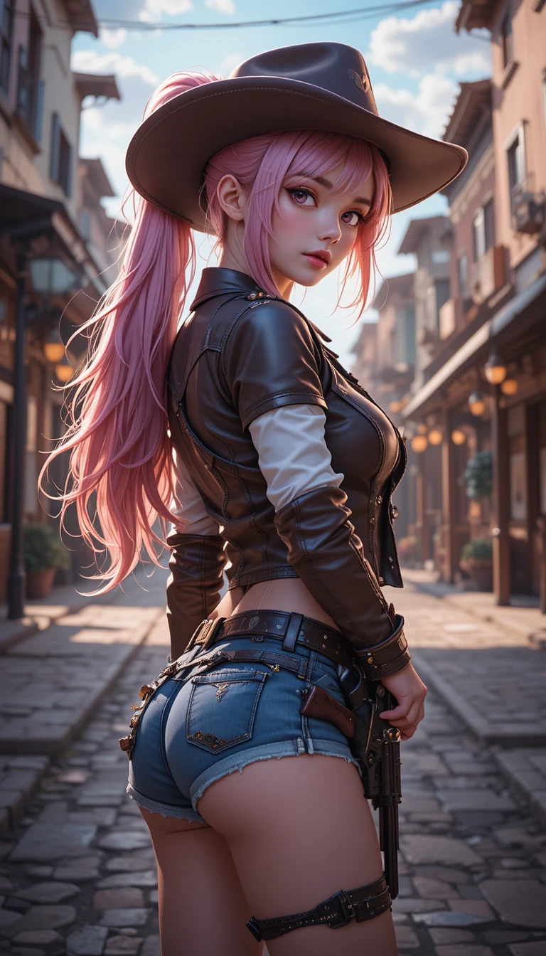 Pink haired cowgirl anime woman in dusty western street