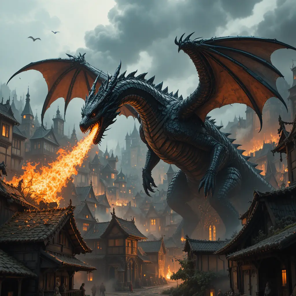 Black dragon breathing fire over a burning medieval city