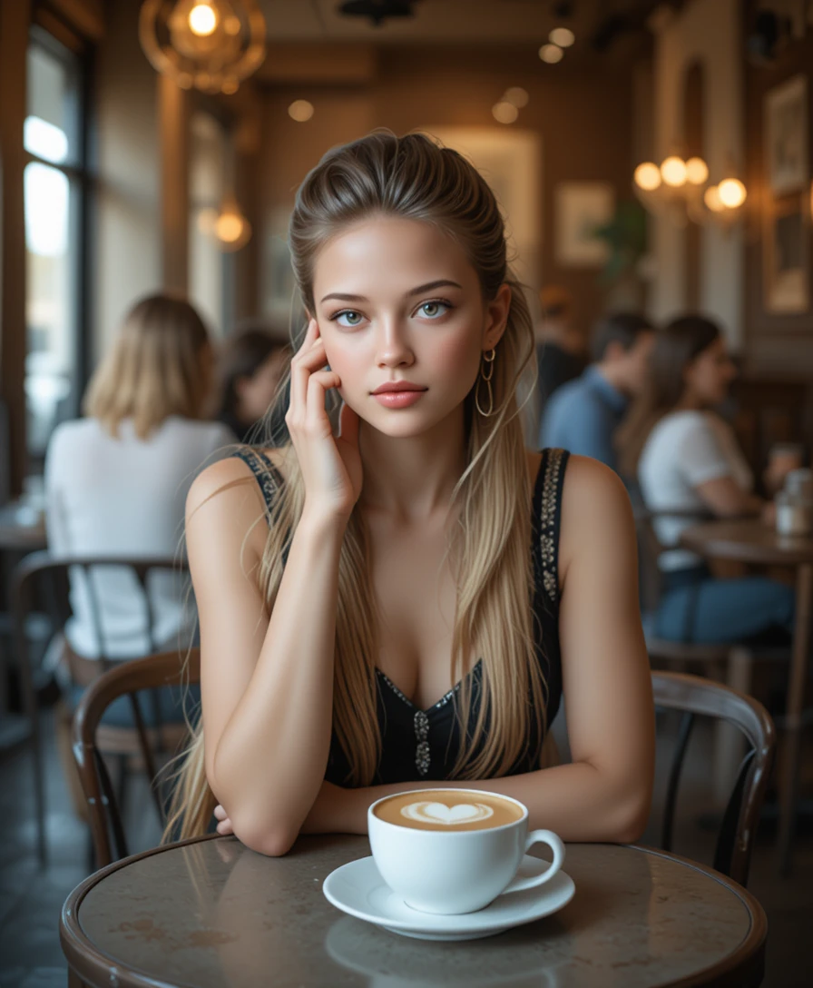 Femme blonde en robe noire se relaxant à une table de café cosy