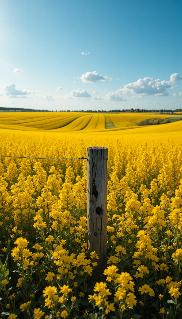 Vast yellow mustard field under soft golden sky