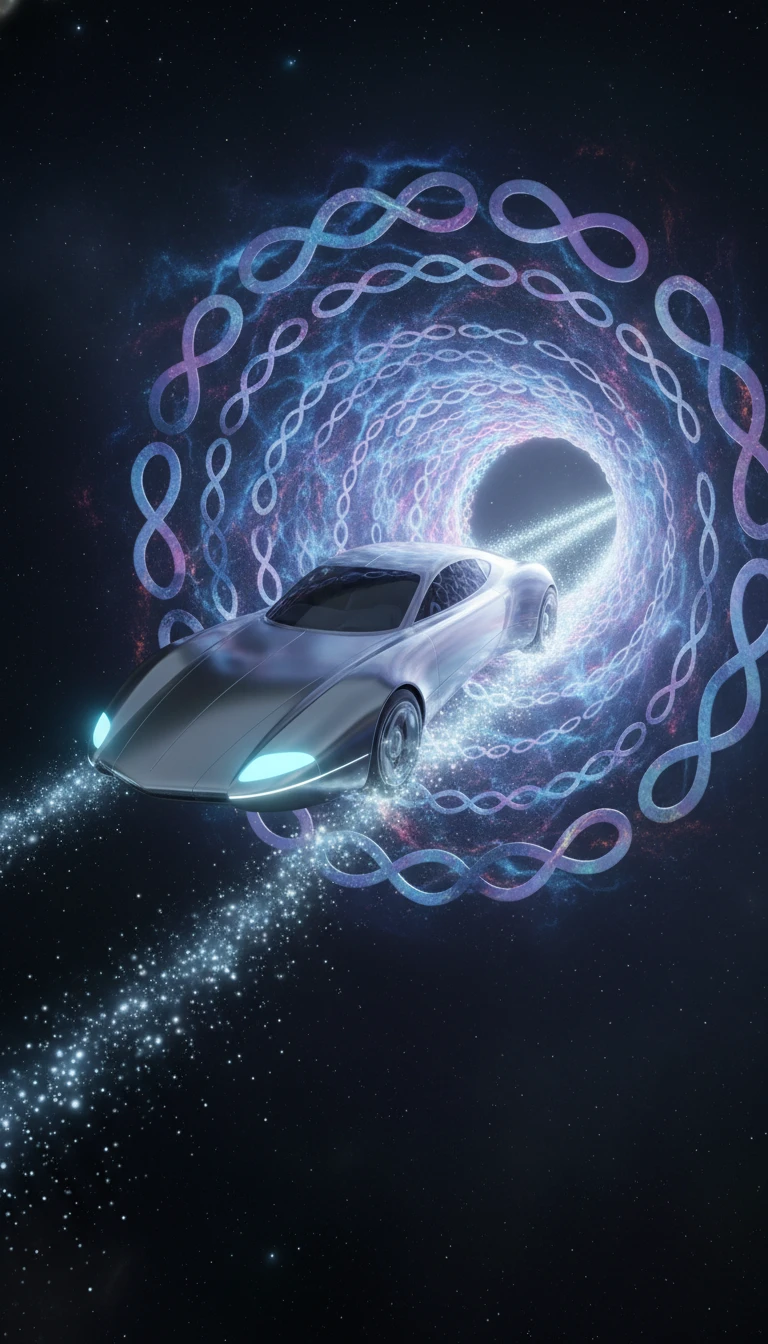 Futuristic Silver Car Racing Through Cosmic Portal