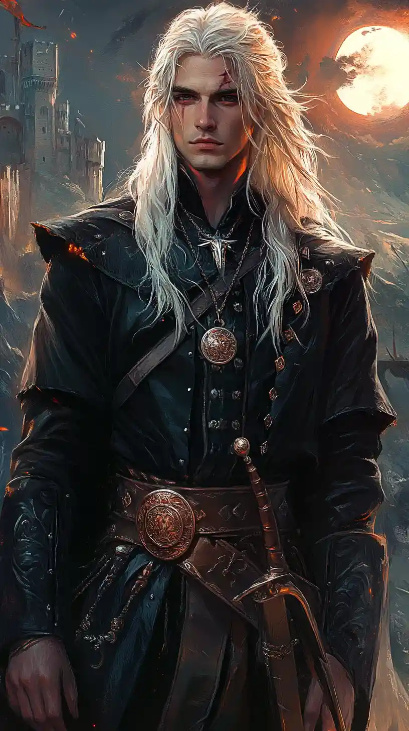 White haired warrior man with sword under the full moon