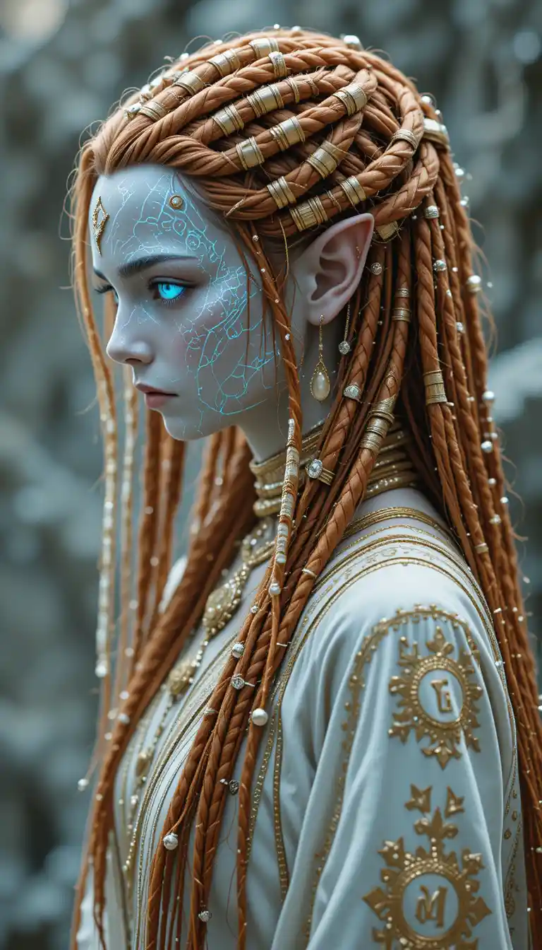 Alien elf priestess portrait with glowing runes and braids