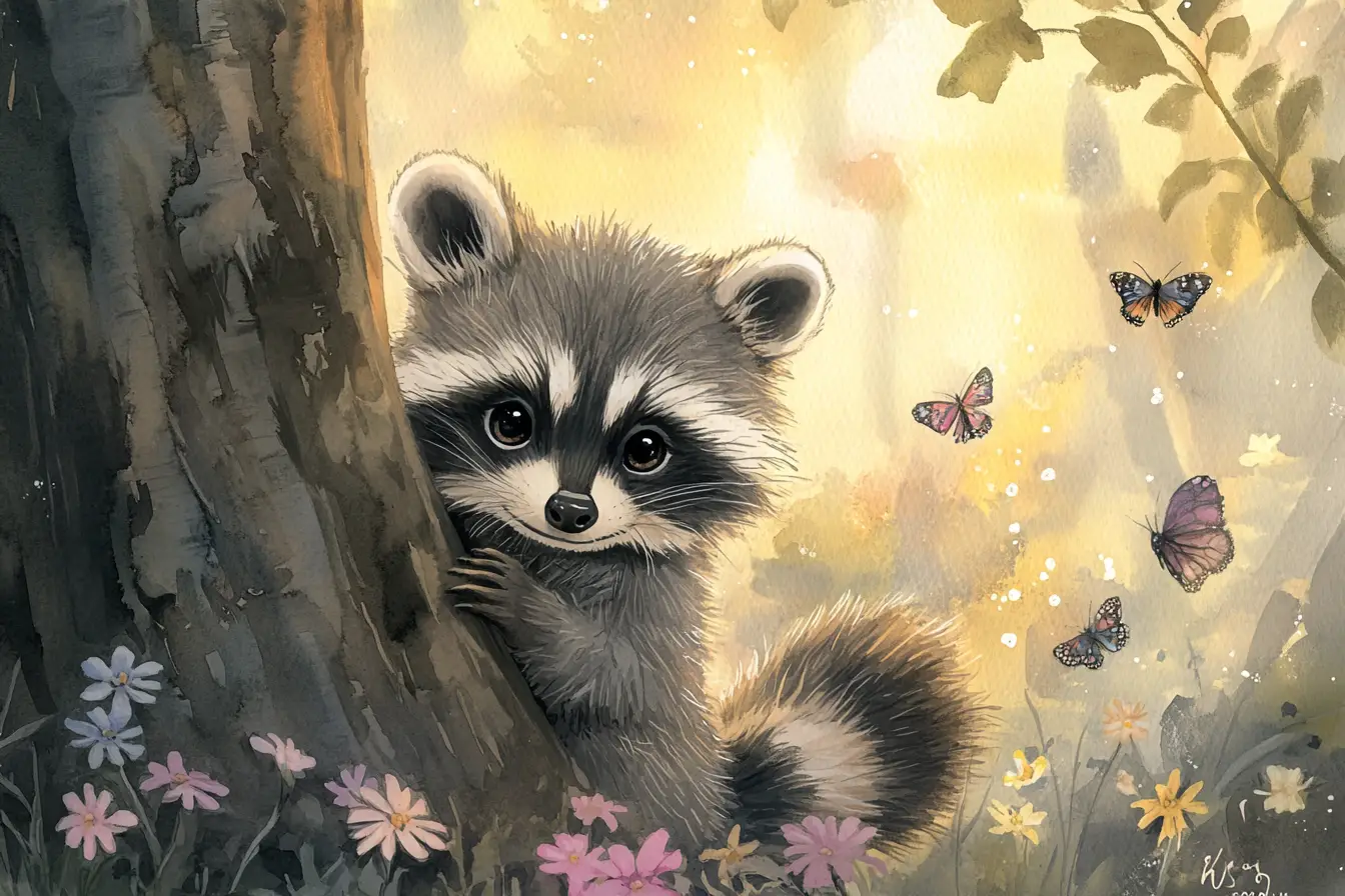 Chubby baby raccoon in a sunny watercolor forest
