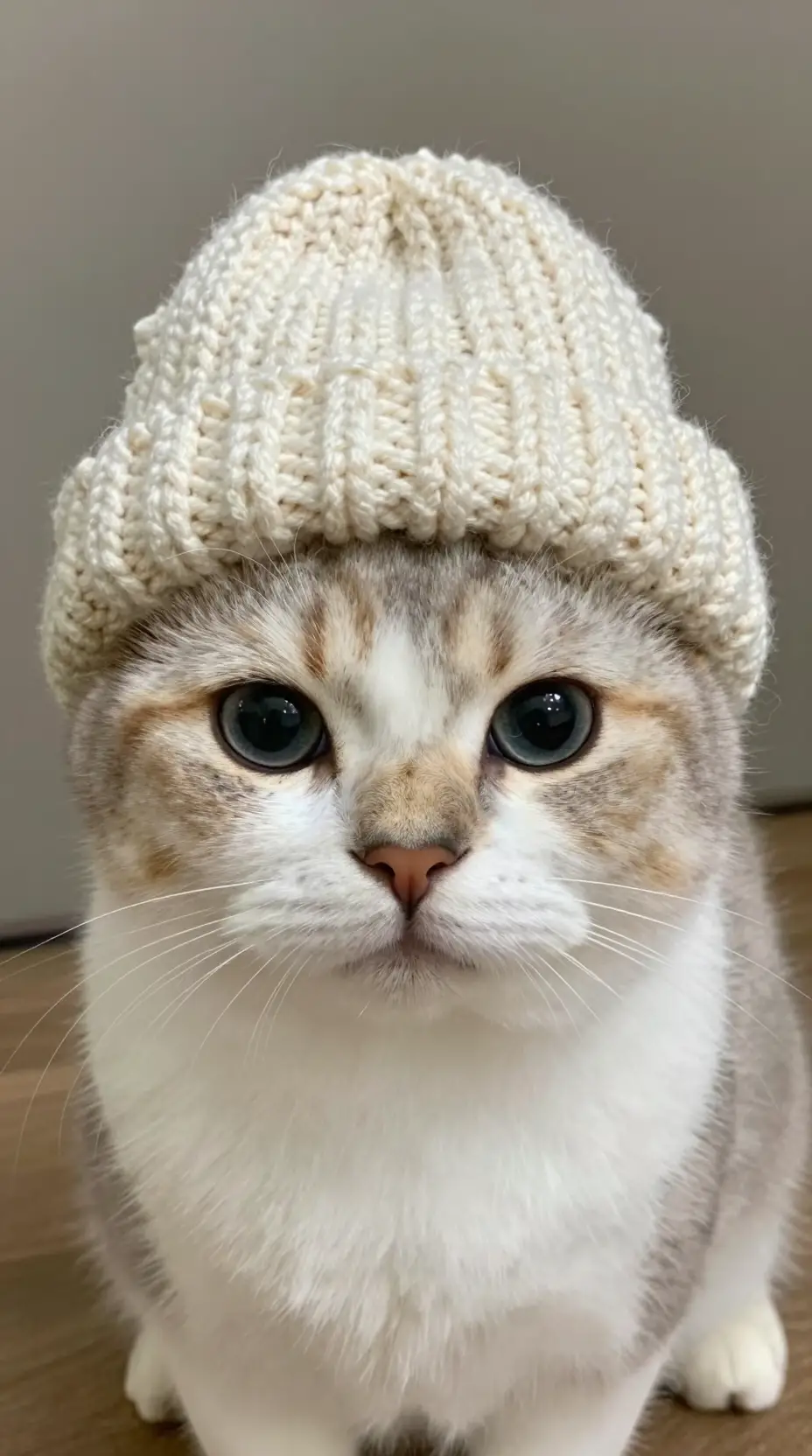 Mini filhote de gato usando gorro de tricô com olhos brilhantes